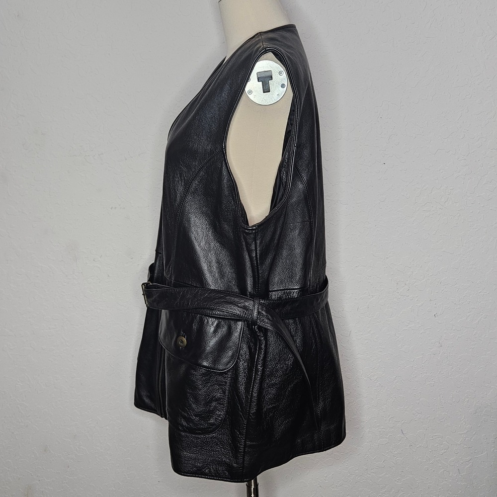 J.L. Colebrook Black Genuine Leather Belted Long Vest 2X Plus Size Vintage 90s - Picture 6 of 11